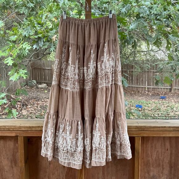 Reba Dresses & Skirts - Reba Women's Tan/White Embroidered Tiered Ruffled Maxi Skirt Size M